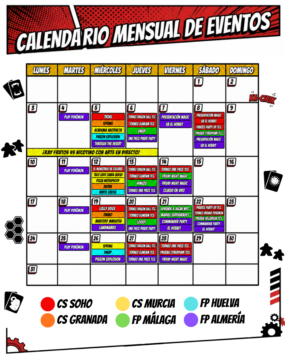 Calendario mensual de eventos de agosto en Comic Stores y Freak Point