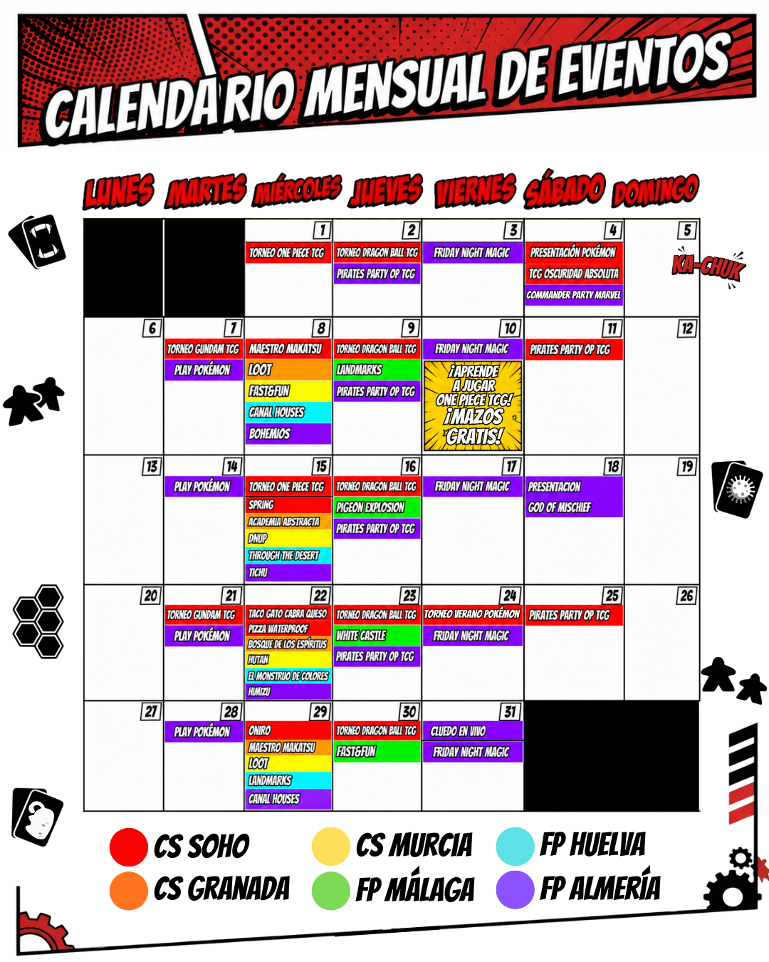 Calendario mensual de eventos de julio en Comic Stores y Freak Point