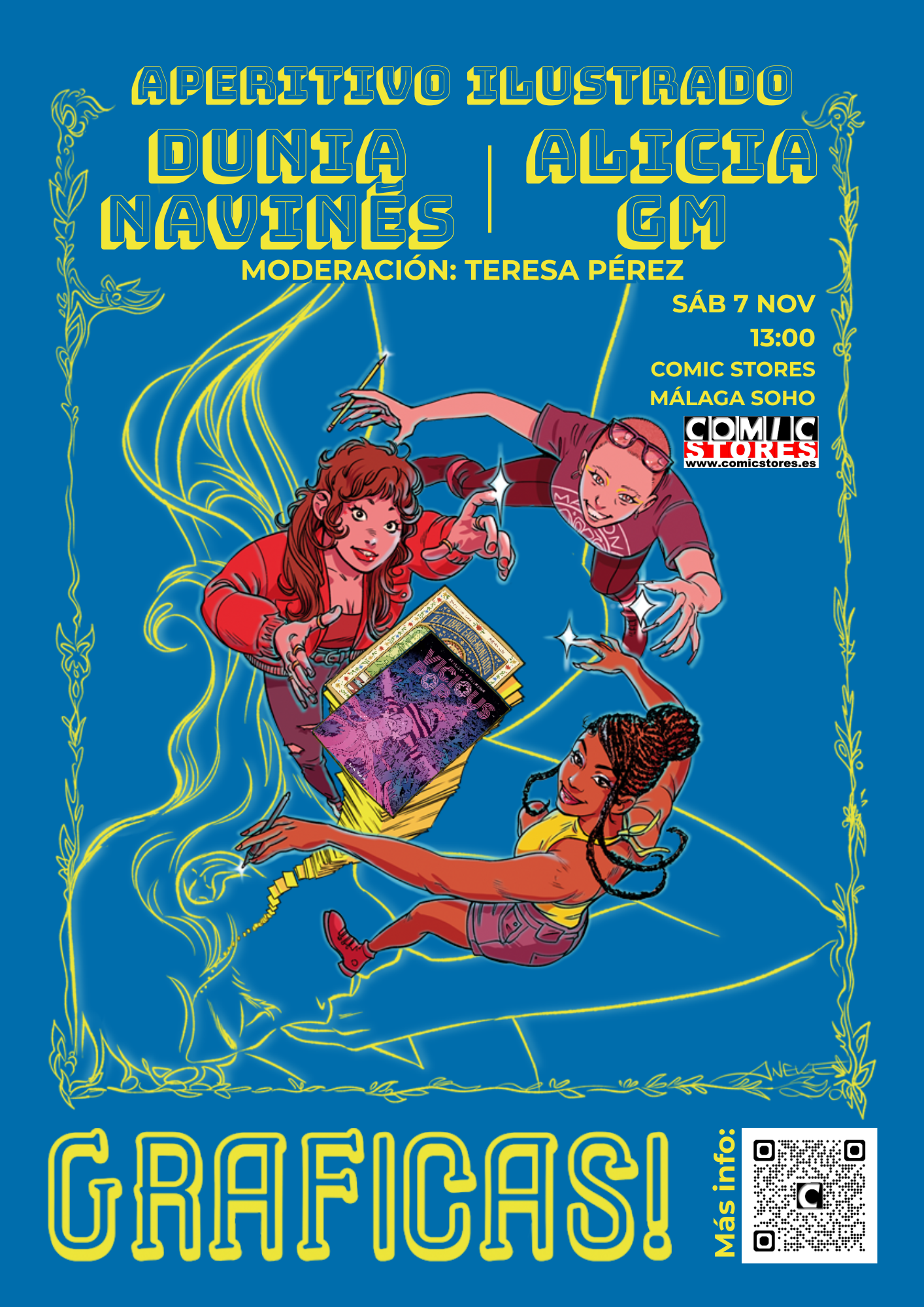 Cartel del aperitivo ilustrado de Gráficas! 2026 en Comic Stores Málaga Soho