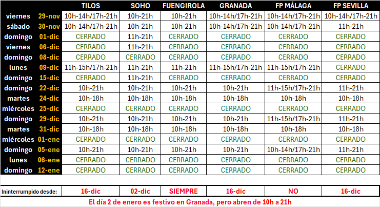 Horarios especiales Navidad 2024