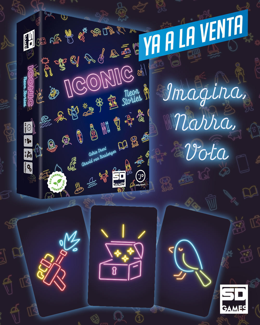 Imagen promocional de Iconic Neon Stories con el mensaje Ya a la venta, Imagina, Narra, Vota