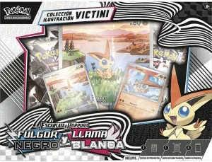 POKEMON JCC ESCARLATA Y PÚRPURA  FULGOR NEGRO Y LLAMA BLANCA CAJA COLECCIÓN ILUSTRACIÓN VICTINI