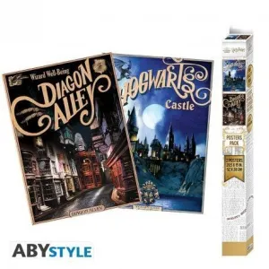 POSTER HARRY POTTER SET 2 POSTER RETRO HOGWARTS Y DIAGON