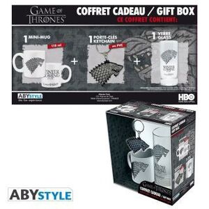 JUEGO DE TRONOS PACK TAZA CAFE + LLAVERO + VASO CASA STARK                 