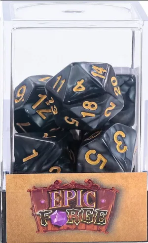 JUEGO DE 7 DADOS MULTIFORMATO NEGRO PERLADO Y DORADO EN CAJA