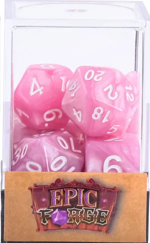 JUEGO DE 7 DADOS MULTIFORMATO ROSA PERLADO EN CAJA