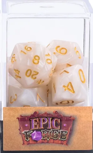 JUEGO DE 7 DADOS MULTIFORMATO BLANCO PERLADO EN CAJA