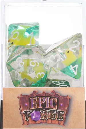 JUEGO DE 7 DADOS MULTIFORMATO PATO DE RESINA GAMA INSERT EN CAJA