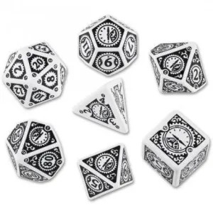 DADOS Q-WORKSHOP SET DE 7: WHITE / BLACK STEAMPUNK CLOCKWORK
