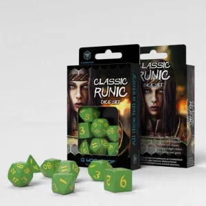 DADOS Q-WORKSHOP SET DE 7 CLASSIC RPG RUNIC VERDE Y AMARILLO