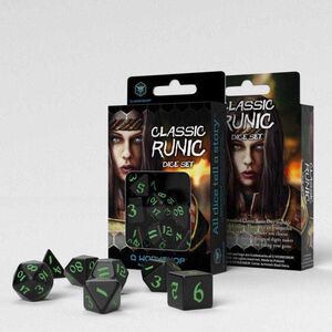 DADOS Q-WORKSHOP SET DE 7 CLASSIC RPG RUNIC NEGRO Y VERDE