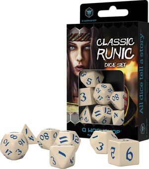 DADOS Q-WORKSHOP SET DE 7 CLASSIC RPG RUNIC BEIGE Y AZUL