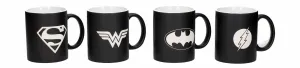 LIGA DE LA JUSTICIA SET 4 TAZAS CERAMICA B/N LOGOS GRABADO LASER           