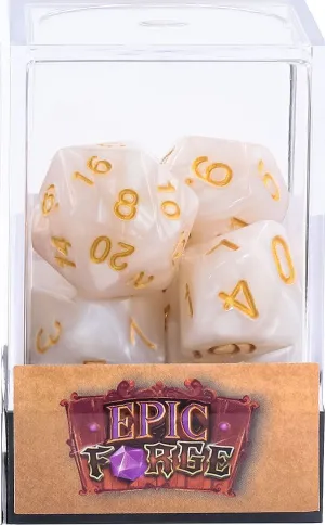 JUEGO DE 7 DADOS MULTIFORMATO BLANCO PERLADO Y DORADO EN CAJA
