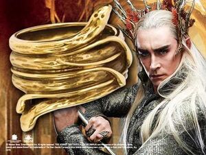 EL HOBBIT THRANDUIL ANILLO SERPIENTE PLATA DE LEY CHAPADO EN ORO CAJA MADER